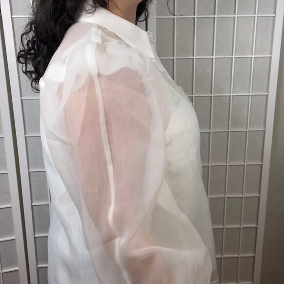 NWT Fate Curve Puff Sleeve White Button Down Blouse Ruffle Long Sleeve Shirt - Picture 7 of 8